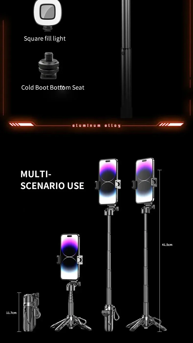 Mini trépied télescopique multifonctionnel Bluetooth, vue d'ensemble du design