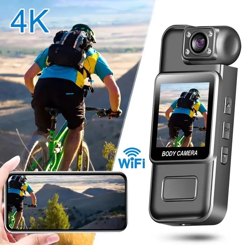 Caméra Wi-Fi Ultra HD 4K, mini caméra vidéo numérique portable, enregistreur pour les forces de l'ordre, caméra de sport d'extérieur à objectif rotatif 180° 4