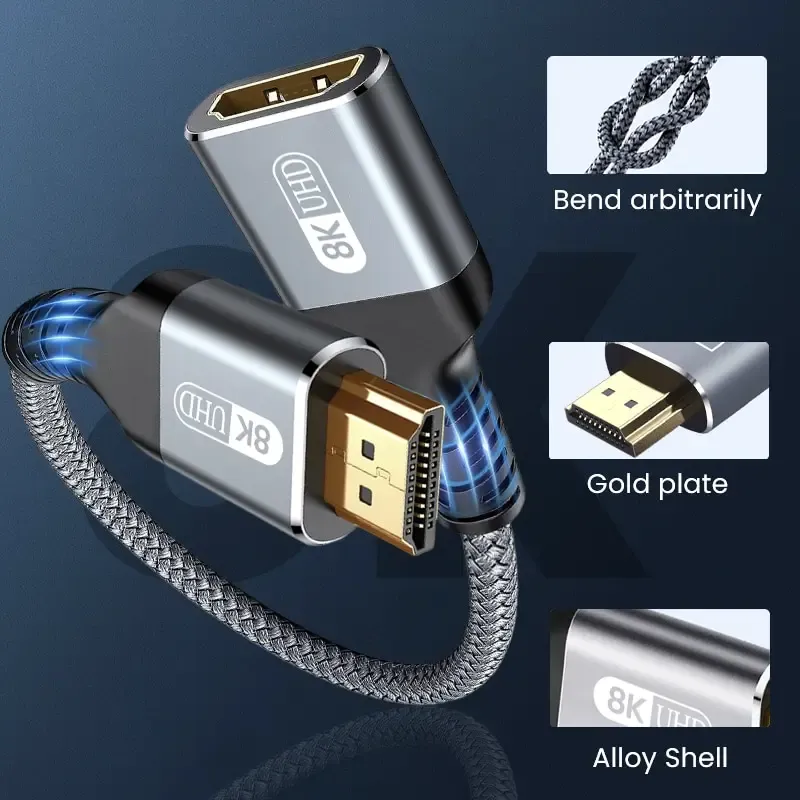 Câble d'extension HDMI 2.1 tressé 8K mâle vers femelle, adaptateur d'extension pour Roku TV, PS5, téléviseur HD, lecteur Blu-ray, 8K @ 60 Hz, 4K @ 240 Hz 3