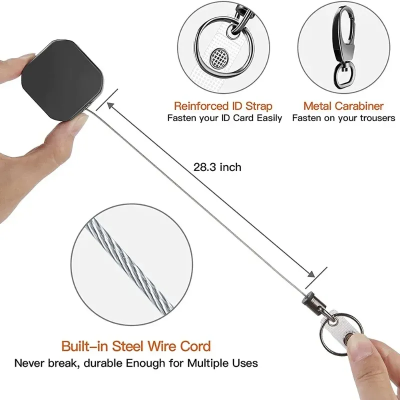 Porte-badge rétractable anti-perte à tirage facile, avec clip carré pour ceinture 3