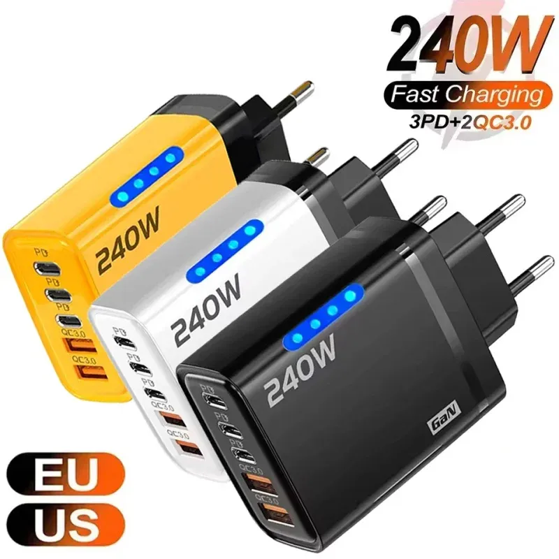 Chargeur rapide GaN 240 W 5 en 1 pour téléphone, adaptateur secteur USB-C, prises EU et US