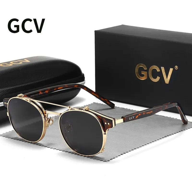 Lunettes de soleil polarisées GCV à double couche et lentille amovible, monture en acétate au style gothique rétro steampunk, unisexe