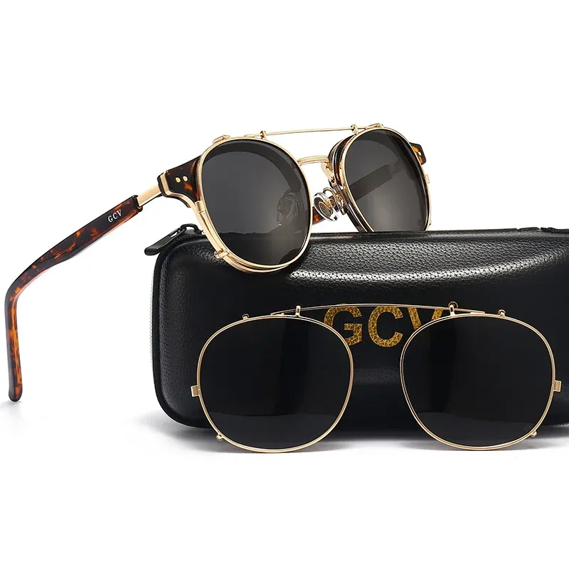 Lunettes de soleil polarisées GCV à double couche et lentille amovible, monture en acétate au style gothique rétro steampunk, unisexe 3