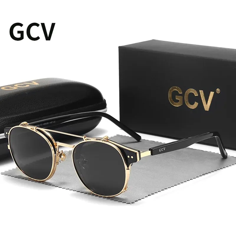 Lunettes de soleil polarisées GCV à double couche et lentille amovible, monture en acétate au style gothique rétro steampunk, unisexe 7