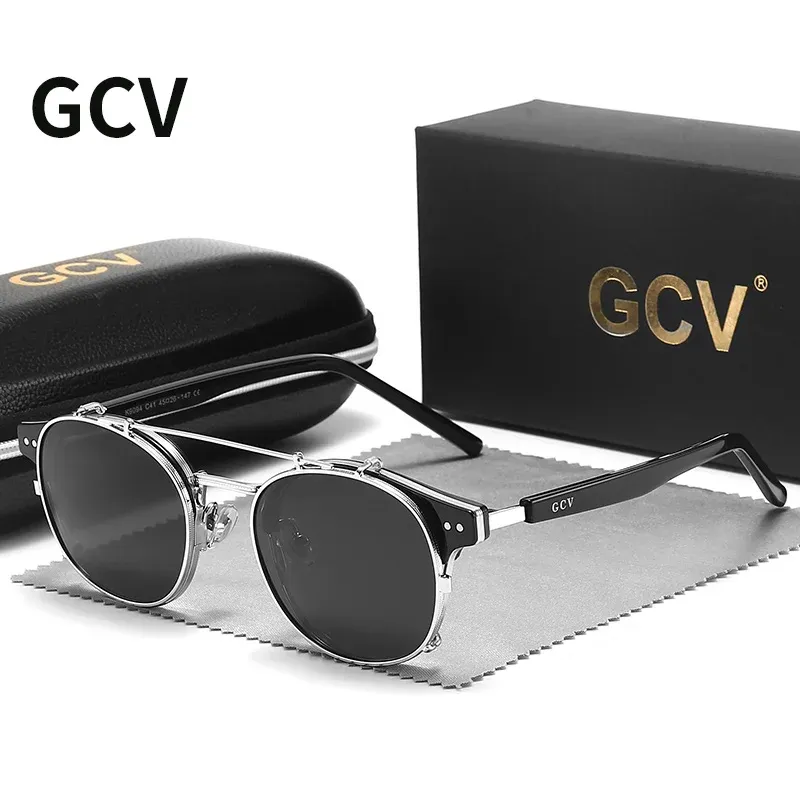 Lunettes de soleil polarisées GCV à double couche et lentille amovible, monture en acétate au style gothique rétro steampunk, unisexe 10
