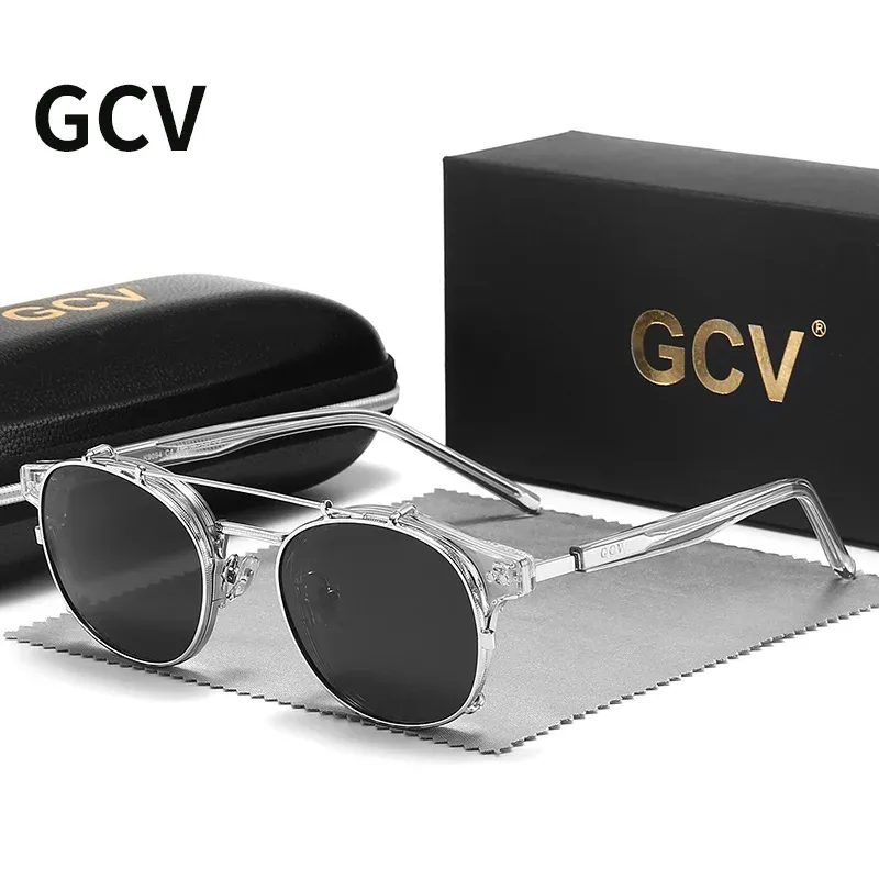 Lunettes de soleil polarisées GCV à double couche et lentille amovible, monture en acétate au style gothique rétro steampunk, unisexe 9