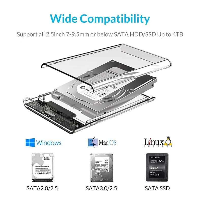 Boîtier USB 3.0 / USB Type-C pour disque dur SATA III 2,5 pouces, compatible SSD et HDD, prise en charge UASP 2