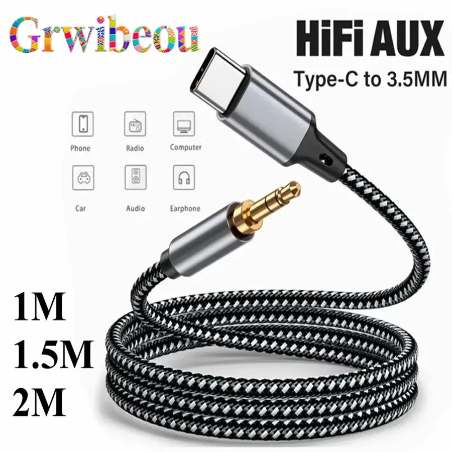 Câble adaptateur USB-C vers Jack AUX 3,5 mm, DAC audio stéréo Hi-Fi pour téléphone, écouteurs et voiture, disponible en 1 m, 1,5 m et 2 m