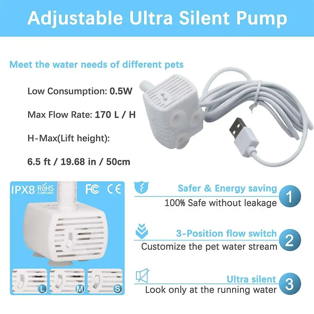 Distributeur d'eau pour animaux de compagnie, pompe à eau, fontaine d'eau pour chat, moteur brûlant anti-sec, remplacement pour fleurs, bol à boire, produits pour animaux de compagnie 3
