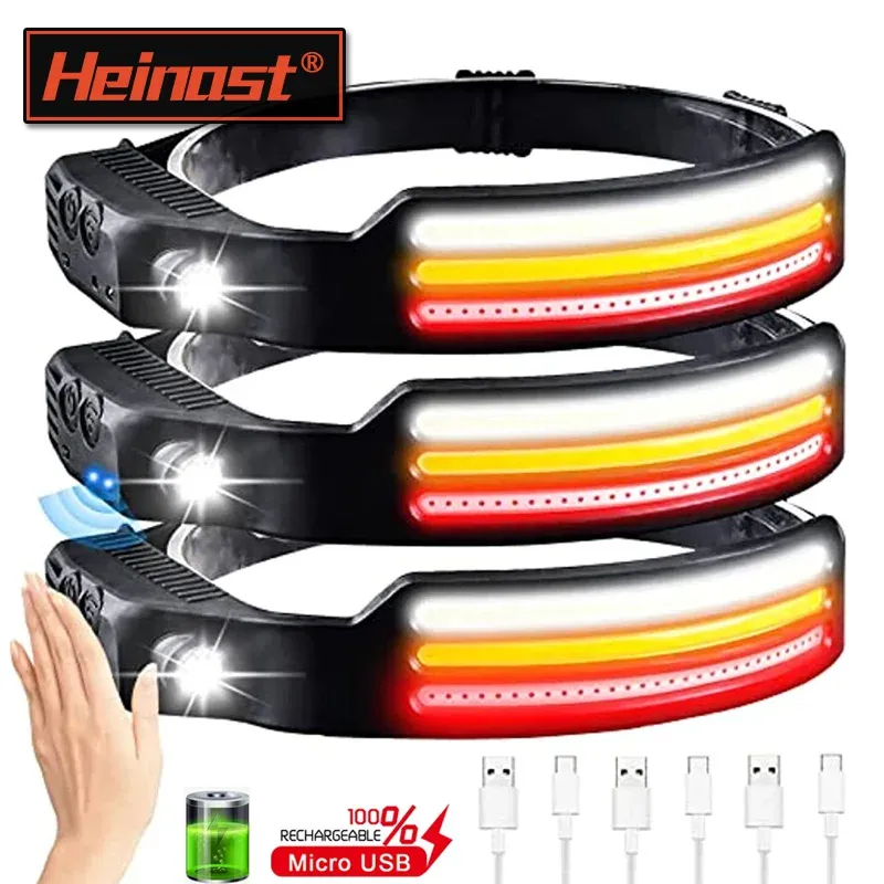 Lampe frontale à capteur de mouvement infrarouge, rechargeable par USB, lumière blanche/jaune/rouge, 10 modes, étanche - Image 1