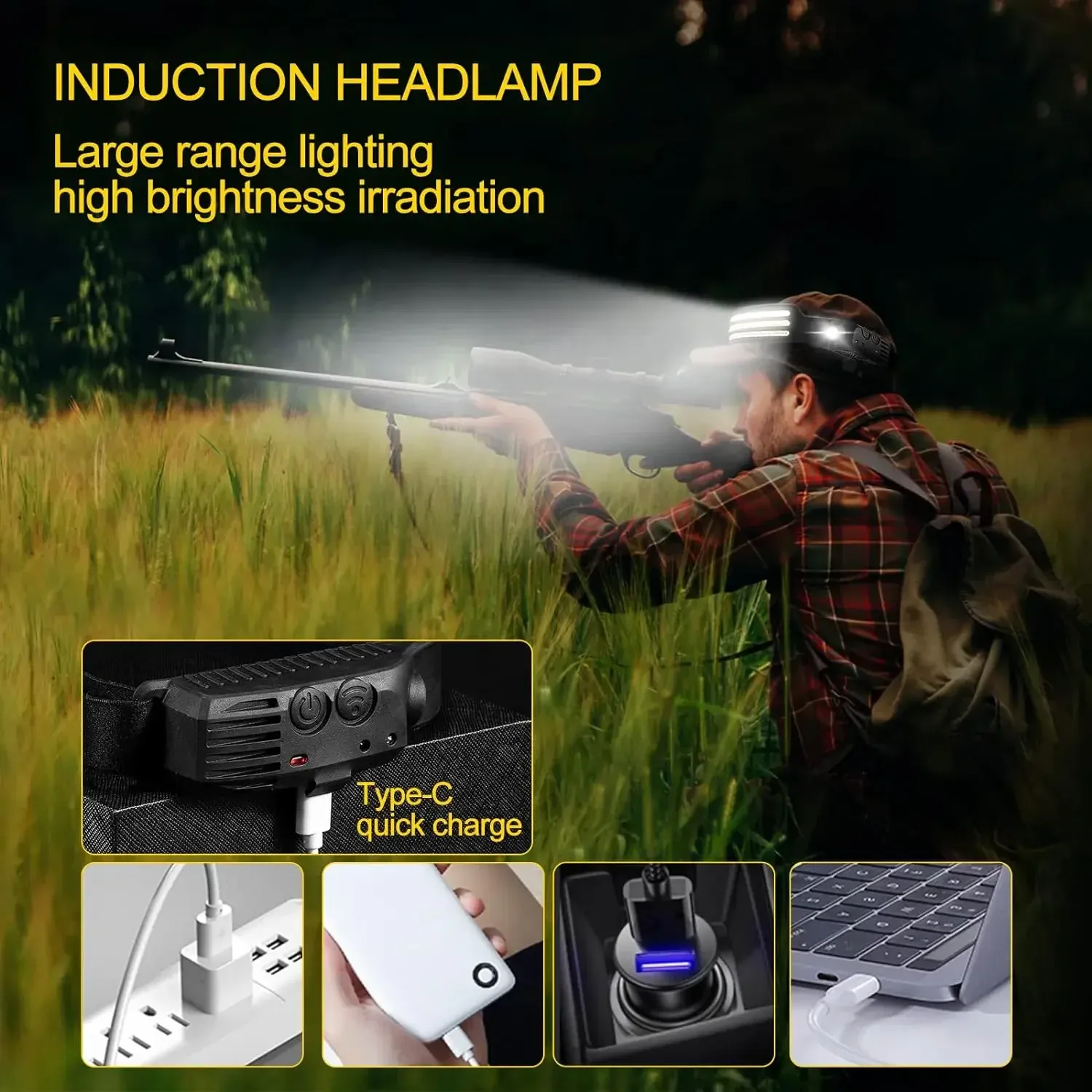 Lampe frontale à capteur de mouvement infrarouge, rechargeable par USB, lumière blanche/jaune/rouge, 10 modes, étanche 5