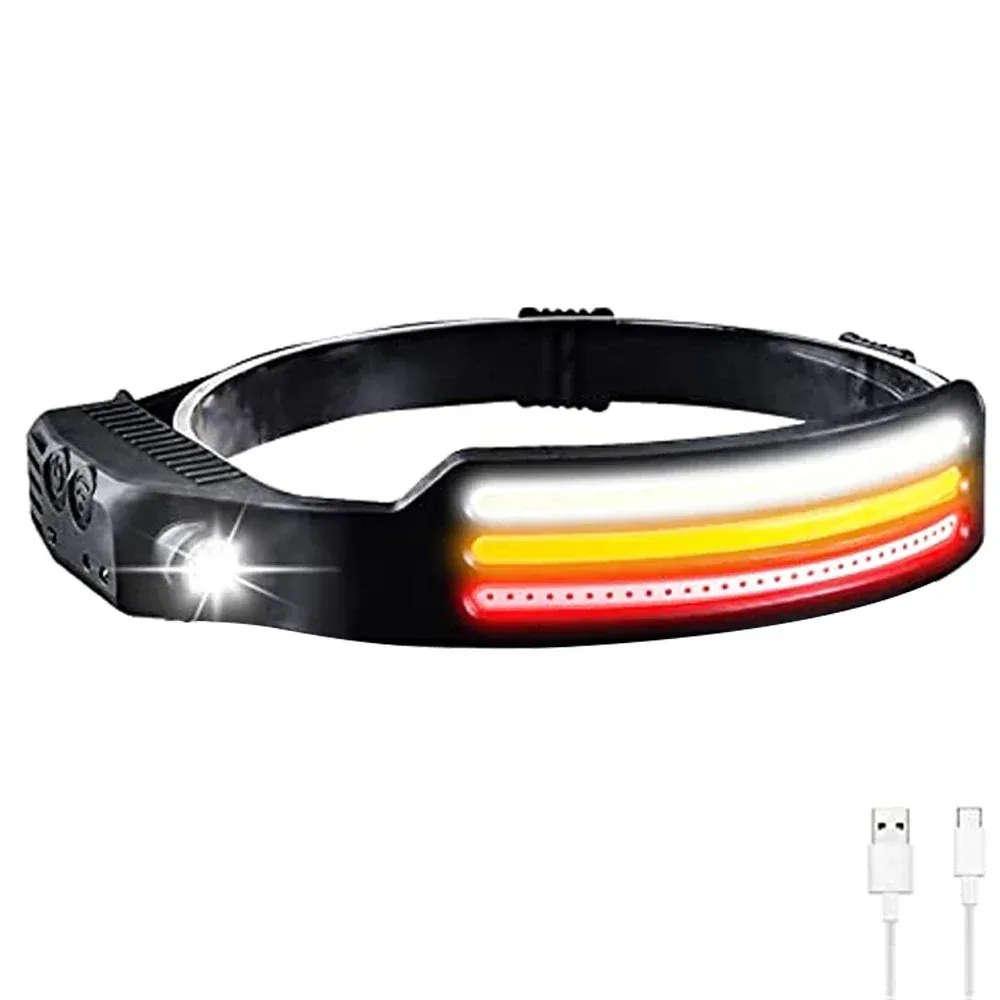 Lampe frontale à capteur de mouvement infrarouge, rechargeable par USB, lumière blanche/jaune/rouge, 10 modes, étanche 13