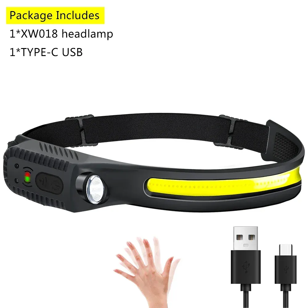 Lampe frontale à capteur de mouvement infrarouge, rechargeable par USB, lumière blanche/jaune/rouge, 10 modes, étanche 7