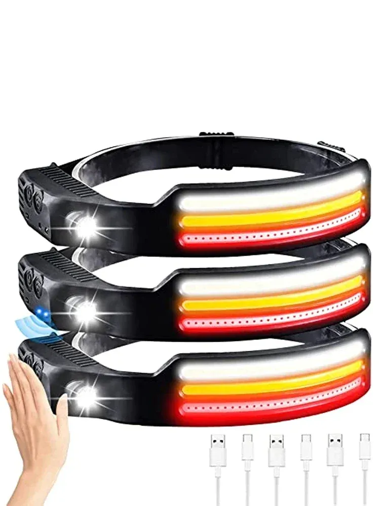 Lampe frontale à capteur de mouvement infrarouge, rechargeable par USB, lumière blanche/jaune/rouge, 10 modes, étanche 9