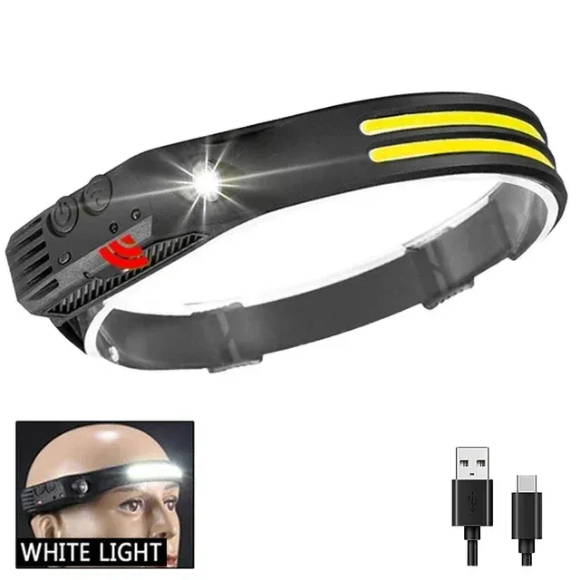 Lampe frontale à capteur de mouvement infrarouge, rechargeable par USB, lumière blanche/jaune/rouge, 10 modes, étanche 10