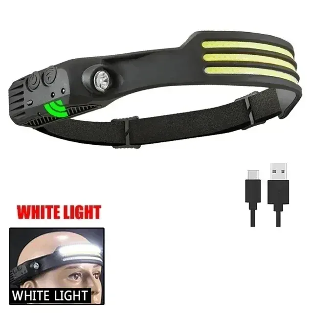 Lampe frontale à capteur de mouvement infrarouge, rechargeable par USB, lumière blanche/jaune/rouge, 10 modes, étanche 11
