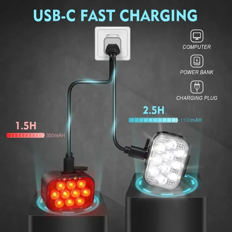 BUCKLOS Feu avant et arrière de vélo LED COB, batterie 1100 mAh, étanche, rechargeable par USB 4