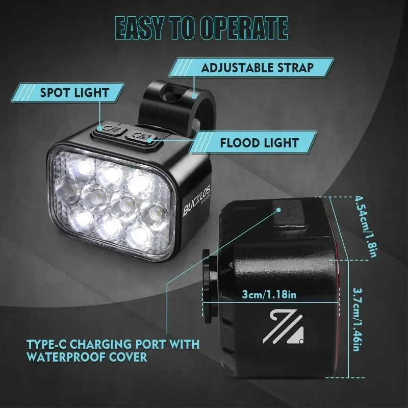 BUCKLOS Feu avant et arrière de vélo LED COB, batterie 1100 mAh, étanche, rechargeable par USB 5