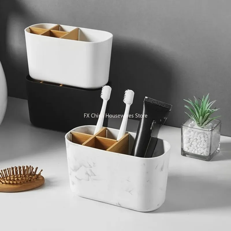 Porte-brosses à dents électriques en bambou avec 5 emplacements, organisateur de comptoir pour salle de bain, pour brosses à dents électriques et dentifrice 2