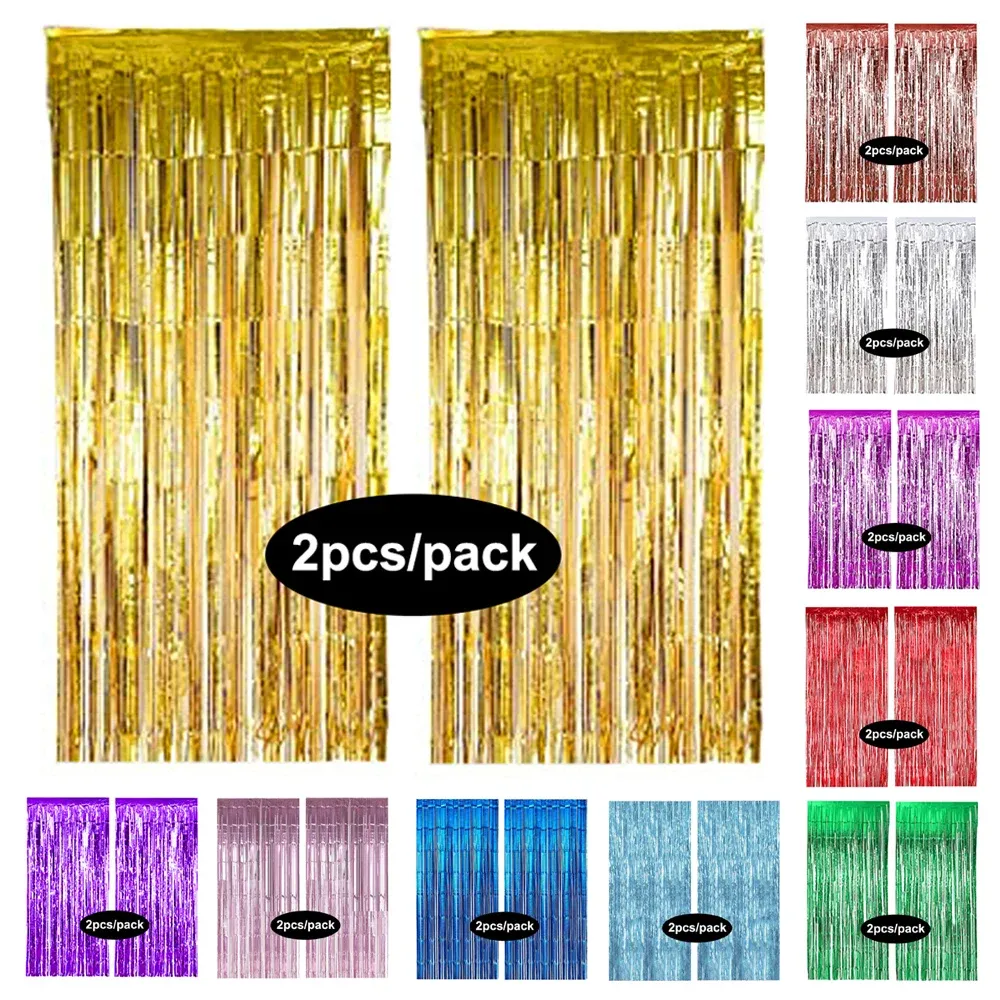 Rideau à franges en aluminium scintillant, coloris argent, noir, or et rose, lot de 2, pour décoration d'anniversaire et de mariage - Image 1