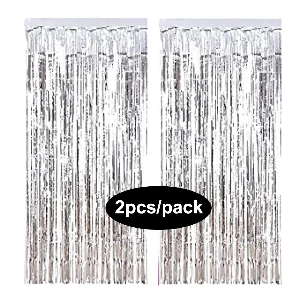 Rideau à franges en aluminium scintillant, coloris argent, noir, or et rose, lot de 2, pour décoration d'anniversaire et de mariage 21