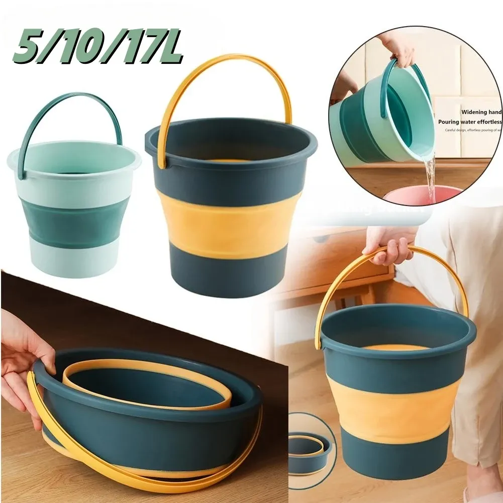 Seau pliant en silicone 5 / 10 / 17 L avec couvercle, idéal pour le camping, la pêche et le lavage de voiture - Image 1