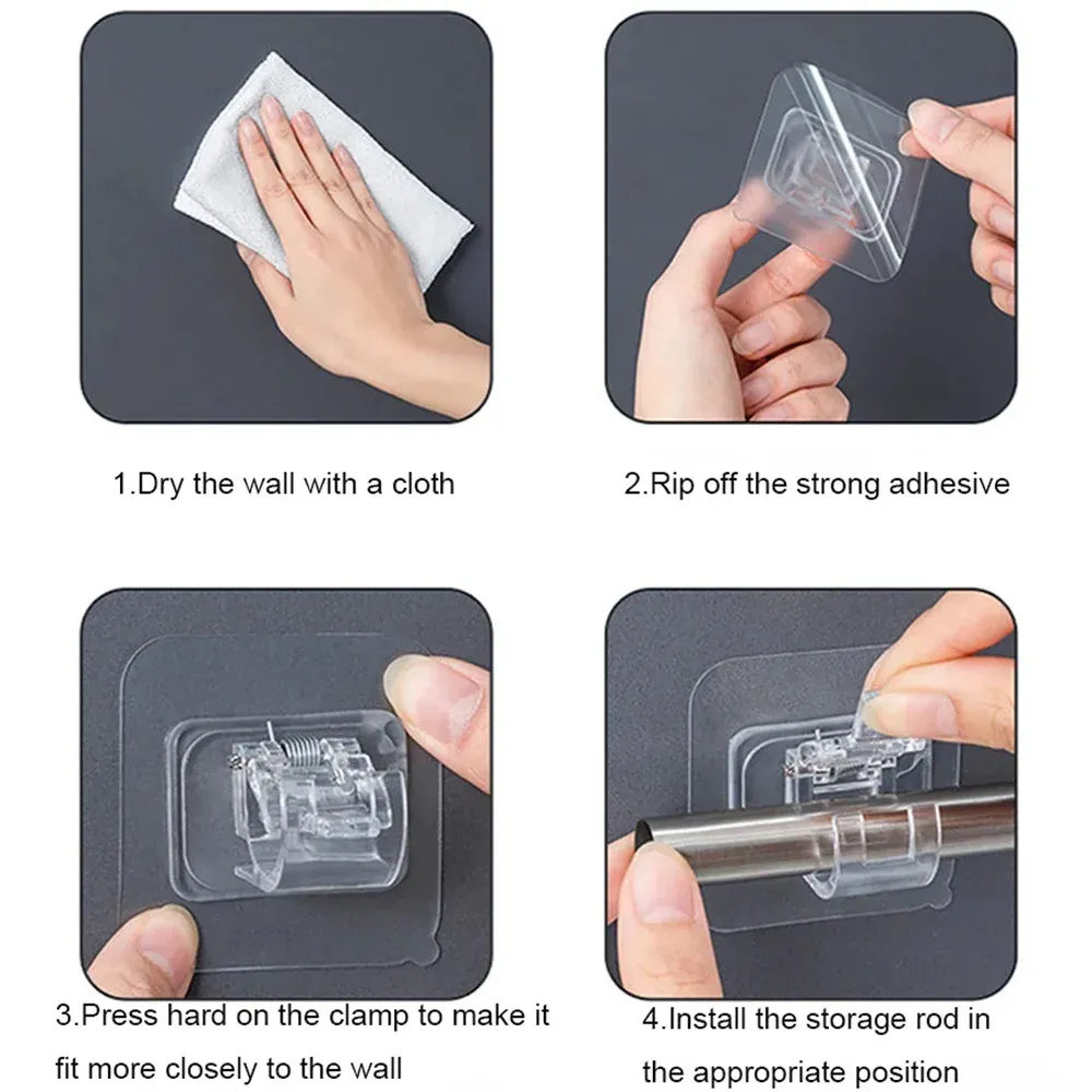 Ensemble de 2/4/8 crochets auto-adhésifs sans perçage, support de tringle à rideau, crochet pour rideaux de fenêtre, support mural suspendu, pince domestique, clip fixe 6