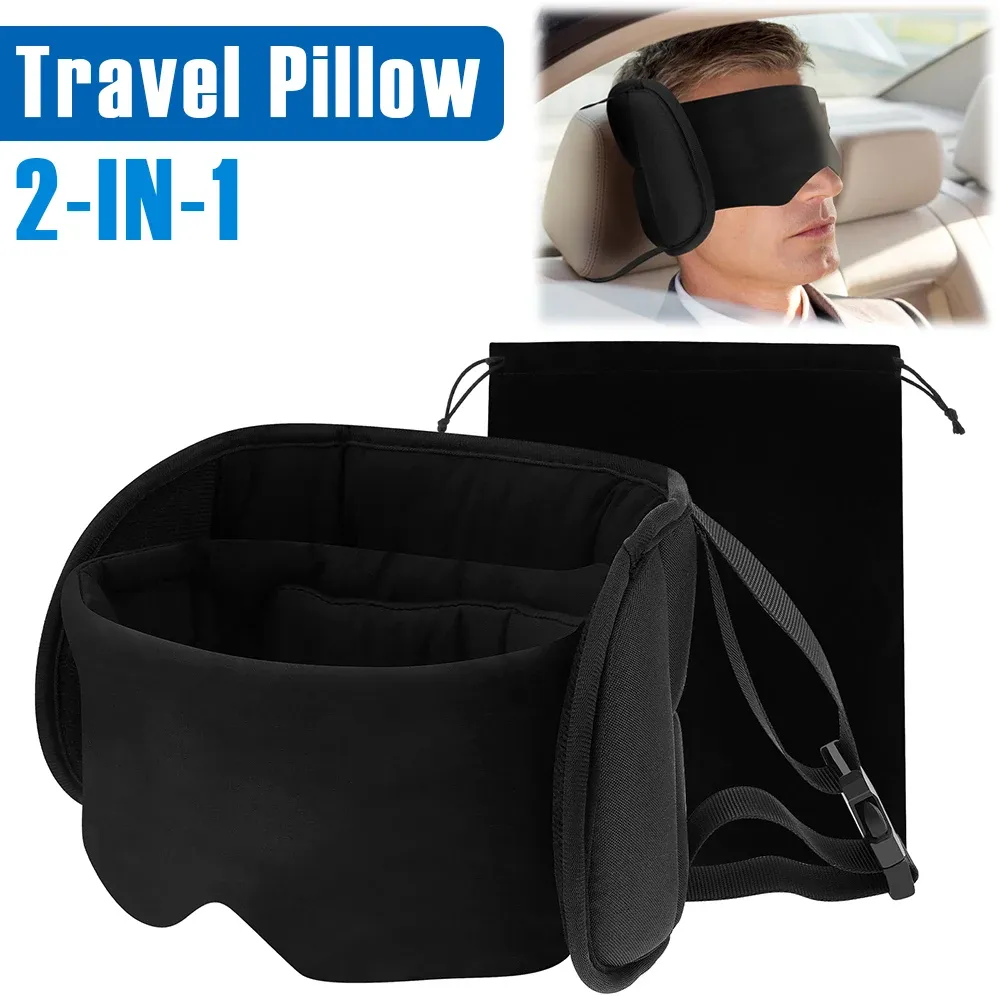 Oreiller de voyage 2 en 1 en coton avec masque pour les yeux et sac de rangement