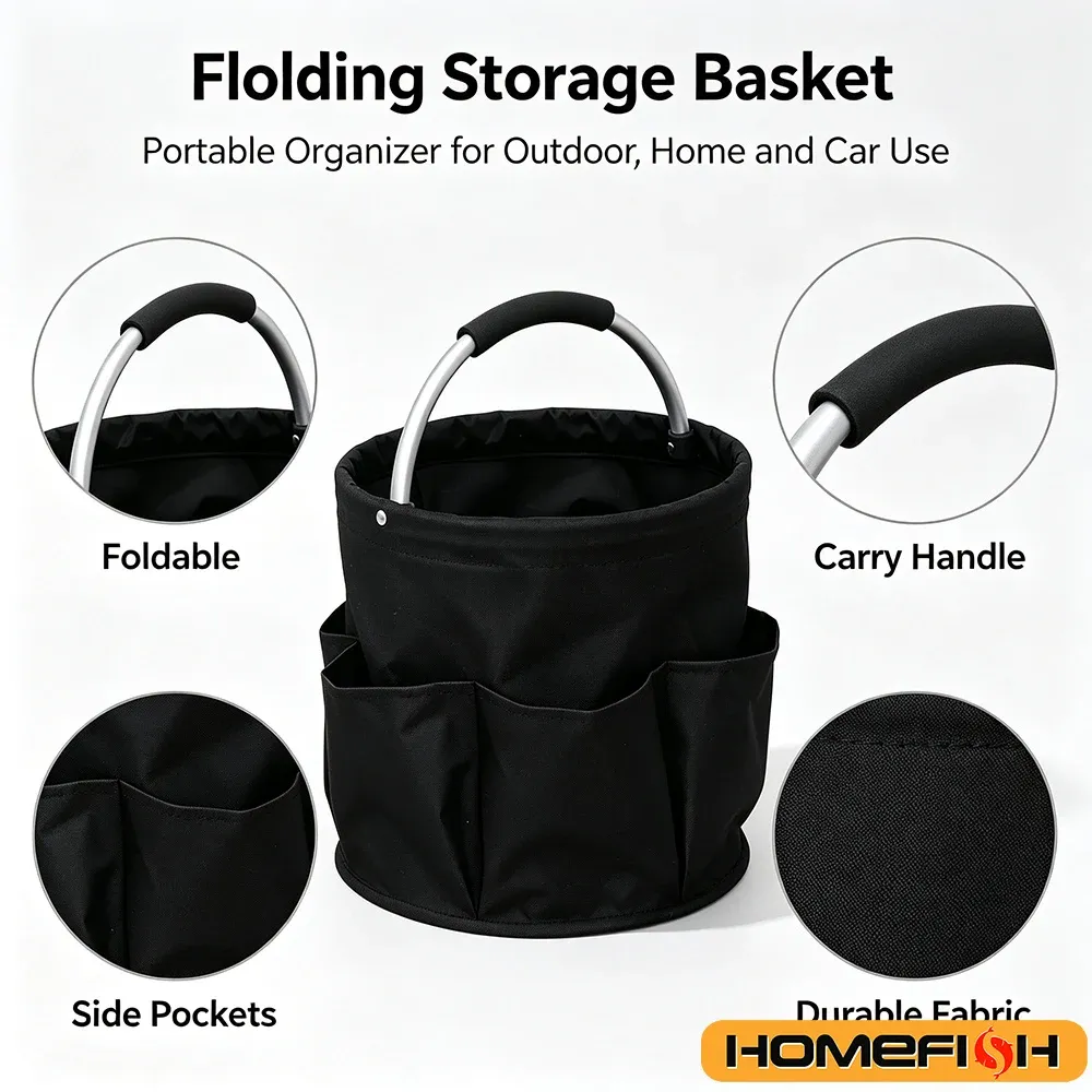 Sac de rangement pliable de 17 L, grand format, sac de pique-nique, sac de nettoyage extérieur avec poignée, panier portable pour outils et fournitures 5
