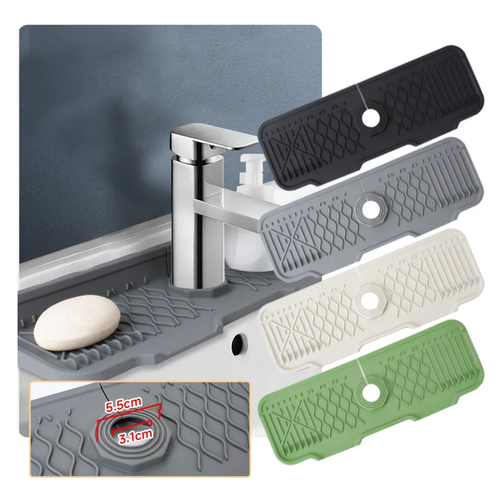 Protection anti-éclaboussures en silicone pour évier avec support de robinet, plateau anti-goutte, tapis de séchage multi-usage et porte-éponge - Image 1