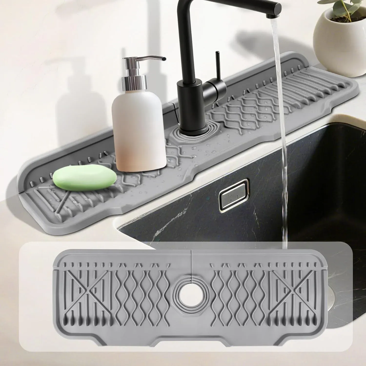 Protection anti-éclaboussures en silicone pour évier avec support de robinet, plateau anti-goutte, tapis de séchage multi-usage et porte-éponge 3
