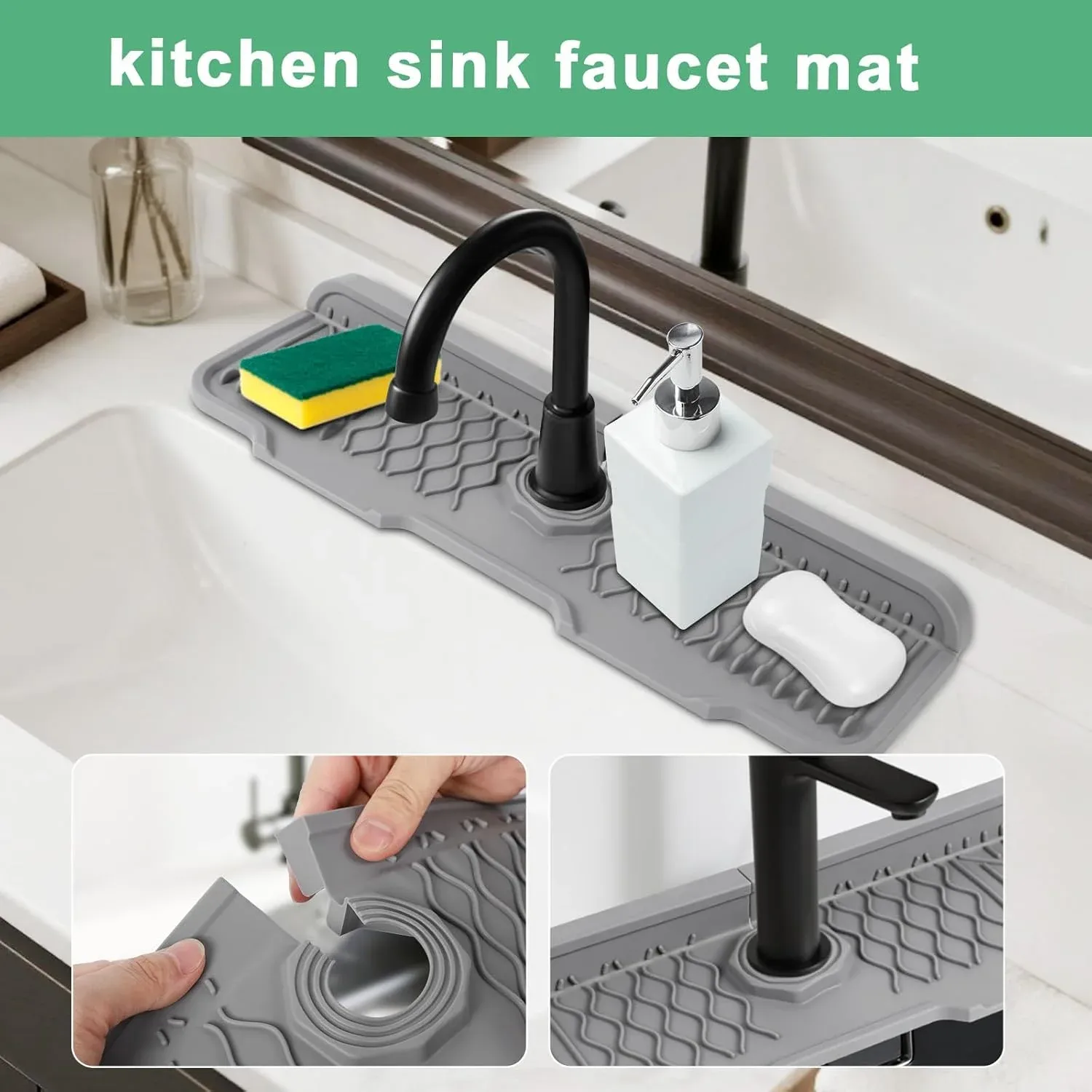 Protection anti-éclaboussures en silicone pour évier avec support de robinet, plateau anti-goutte, tapis de séchage multi-usage et porte-éponge 4