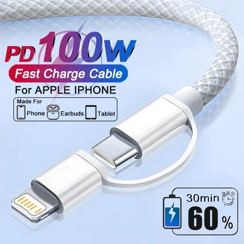 Câble 2-en-1 100 W à charge rapide tressé USB pour Apple iPhone 17 Air, 14, 13, 12, 11, 15, 16 Pro Max Plus, Type-C, câble de charge et de données 1