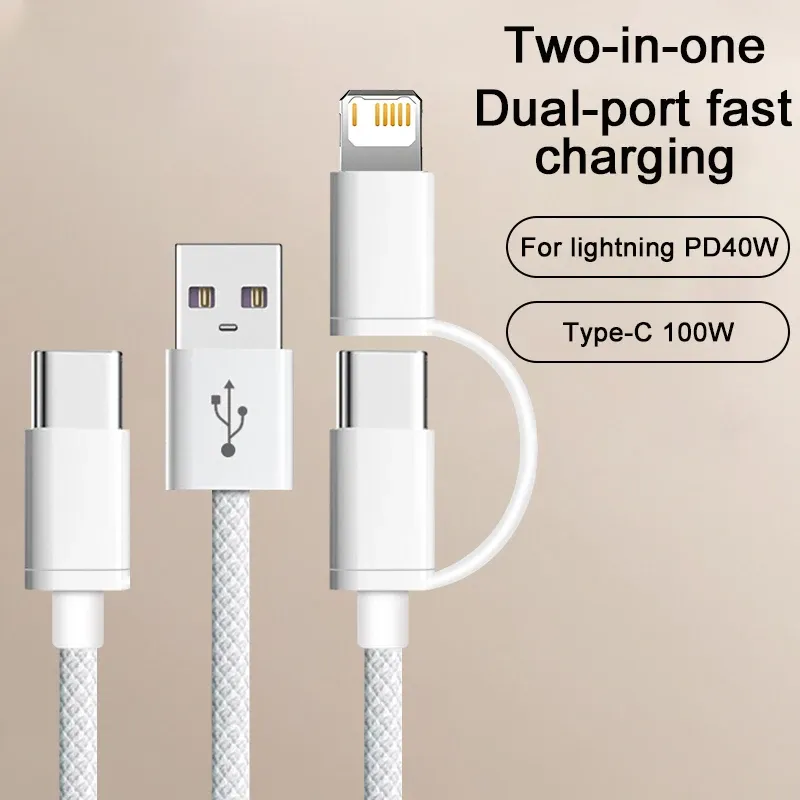 Câble 2-en-1 100 W à charge rapide tressé USB pour Apple iPhone 17 Air, 14, 13, 12, 11, 15, 16 Pro Max Plus, Type-C, câble de charge et de données 2