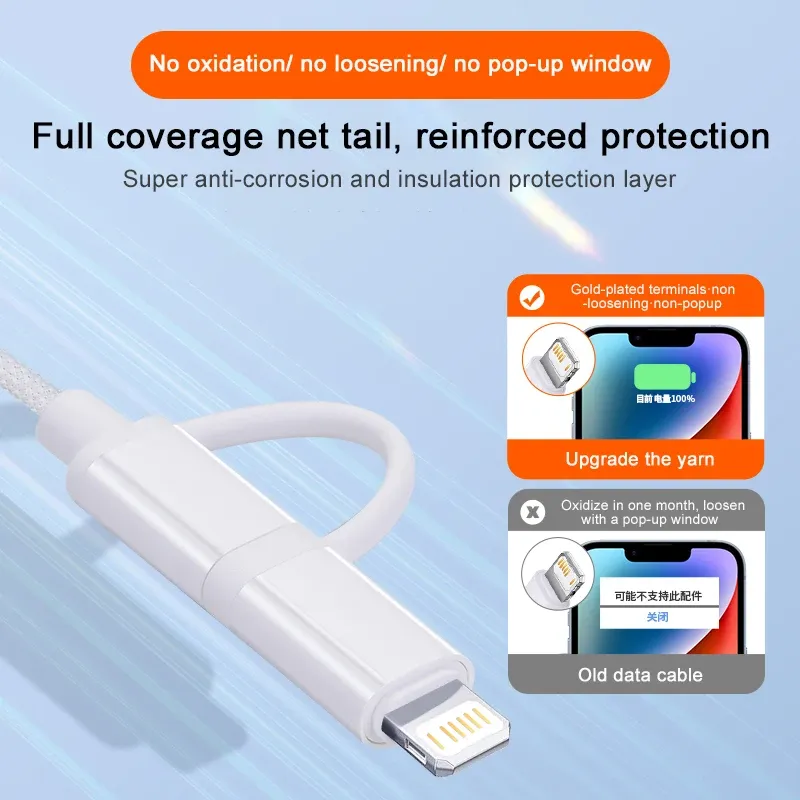 Câble 2-en-1 100 W à charge rapide tressé USB pour Apple iPhone 17 Air, 14, 13, 12, 11, 15, 16 Pro Max Plus, Type-C, câble de charge et de données 4