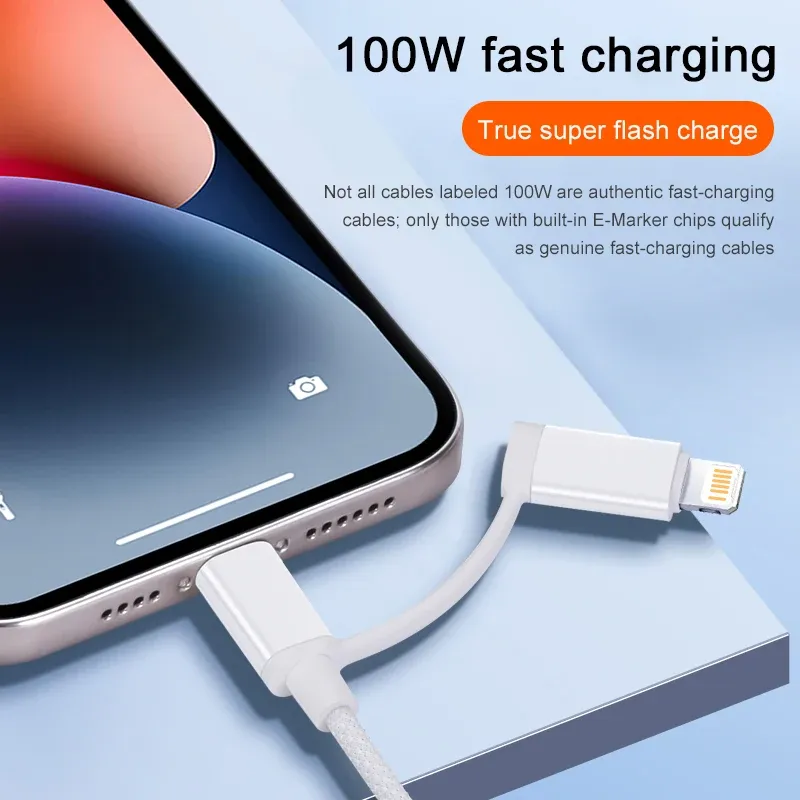 Câble 2-en-1 100 W à charge rapide tressé USB pour Apple iPhone 17 Air, 14, 13, 12, 11, 15, 16 Pro Max Plus, Type-C, câble de charge et de données 5