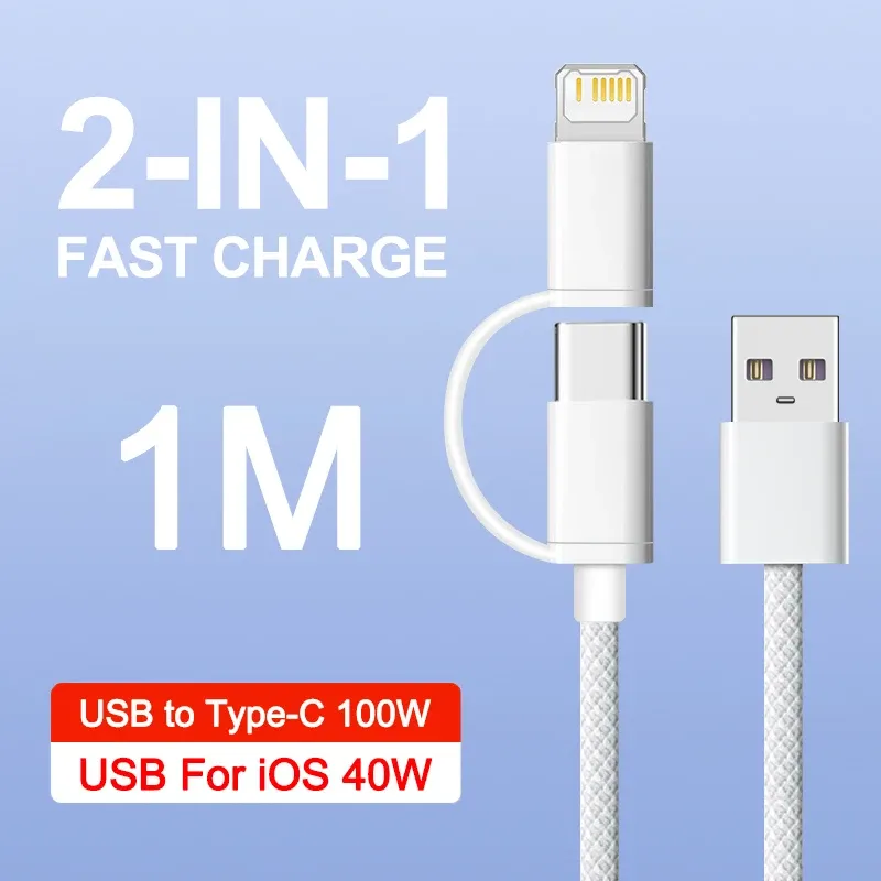 Câble 2-en-1 100 W à charge rapide tressé USB pour Apple iPhone 17 Air, 14, 13, 12, 11, 15, 16 Pro Max Plus, Type-C, câble de charge et de données 7