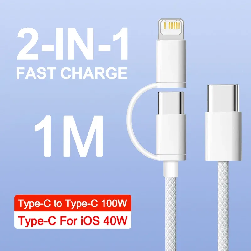 Câble 2-en-1 100 W à charge rapide tressé USB pour Apple iPhone 17 Air, 14, 13, 12, 11, 15, 16 Pro Max Plus, Type-C, câble de charge et de données 8