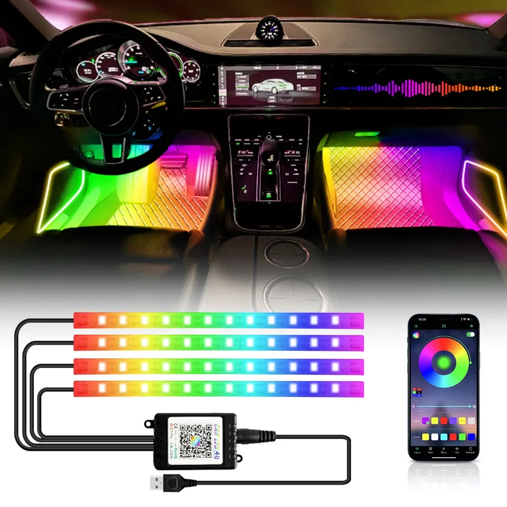 Lumière d'ambiance intérieure de voiture au néon RVB à 48 et 72 LED, avec télécommande sans fil USB et contrôle par application musicale