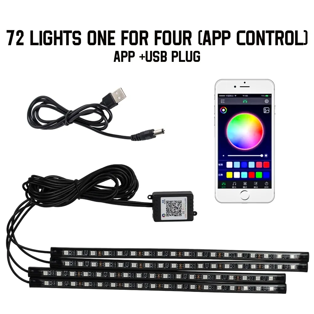 Lumière d'ambiance intérieure de voiture au néon RVB à 48 et 72 LED, avec télécommande sans fil USB et contrôle par application musicale 22