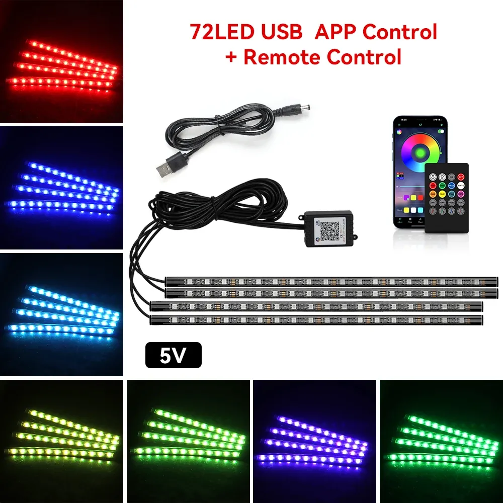 Lumière d'ambiance intérieure de voiture au néon RVB à 48 et 72 LED, avec télécommande sans fil USB et contrôle par application musicale 17