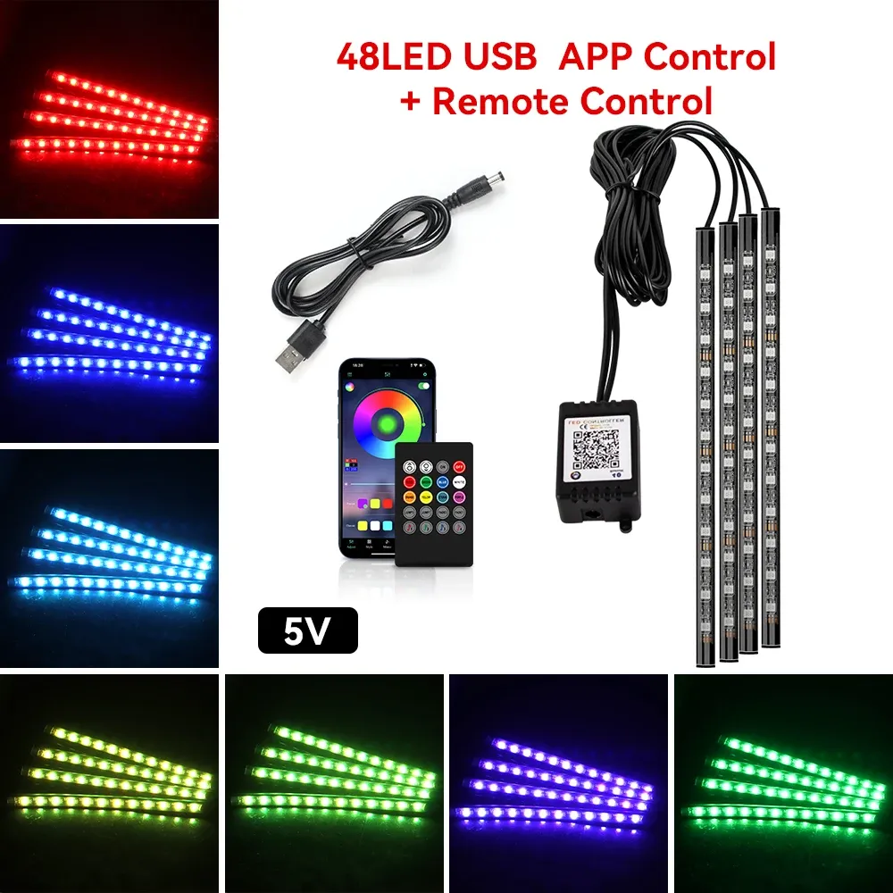 Lumière d'ambiance intérieure de voiture au néon RVB à 48 et 72 LED, avec télécommande sans fil USB et contrôle par application musicale 23