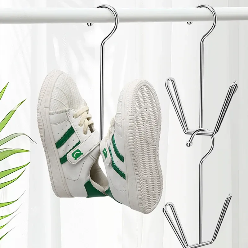 Étendoir à chaussures en acier inoxydable avec cintre à vêtements et crochet, solution de rangement gain de place pour garde-robe 4