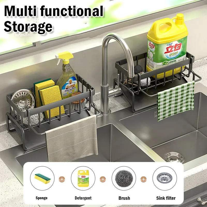 Support de rangement pour outils de nettoyage d'évier, égouttoir multifonctionnel en acier inoxydable pour cuisine, organisateur pour éponges et nettoyants, porte-chiffon 3