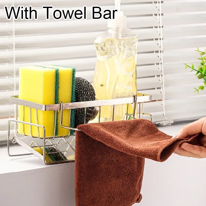 Support de rangement pour outils de nettoyage d'évier, égouttoir multifonctionnel en acier inoxydable pour cuisine, organisateur pour éponges et nettoyants, porte-chiffon 2
