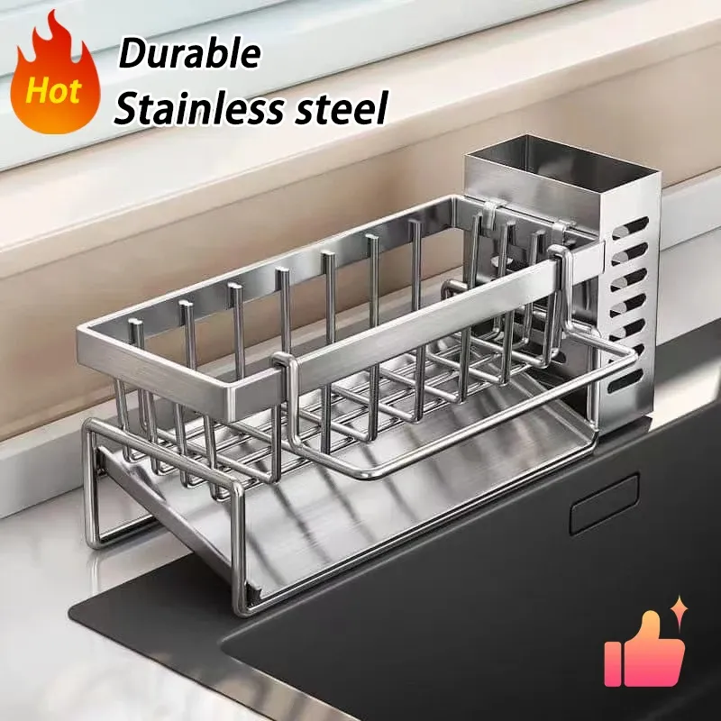 Support de rangement pour outils de nettoyage d'évier, égouttoir multifonctionnel en acier inoxydable pour cuisine, organisateur pour éponges et nettoyants, porte-chiffon 7