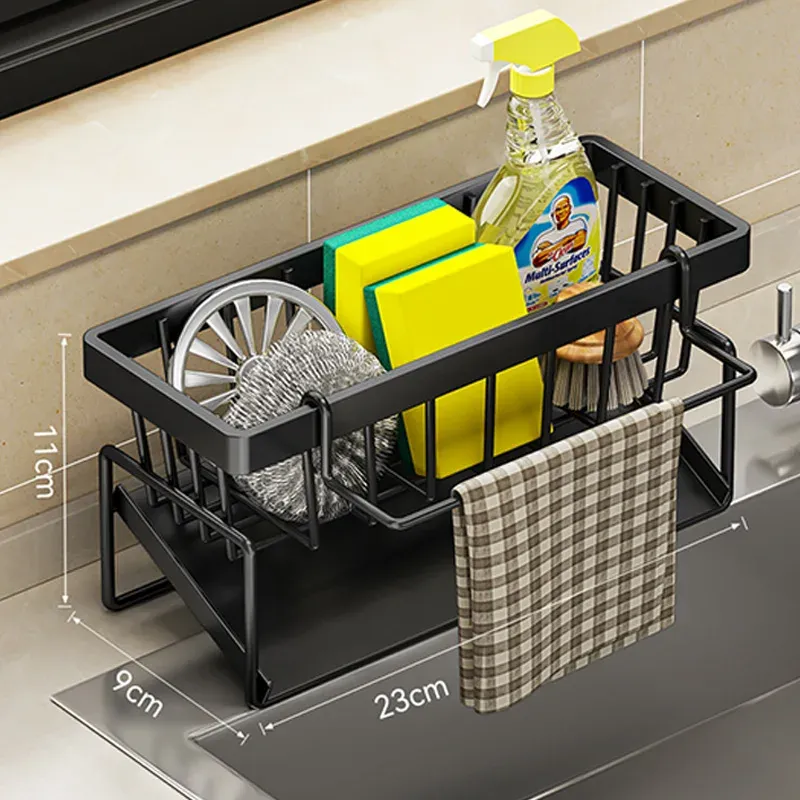 Support de rangement pour outils de nettoyage d'évier, égouttoir multifonctionnel en acier inoxydable pour cuisine, organisateur pour éponges et nettoyants, porte-chiffon 11