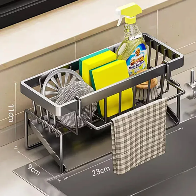 Support de rangement pour outils de nettoyage d'évier, égouttoir multifonctionnel en acier inoxydable pour cuisine, organisateur pour éponges et nettoyants, porte-chiffon 10
