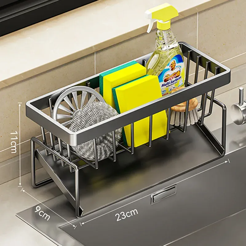 Support de rangement pour outils de nettoyage d'évier, égouttoir multifonctionnel en acier inoxydable pour cuisine, organisateur pour éponges et nettoyants, porte-chiffon 12