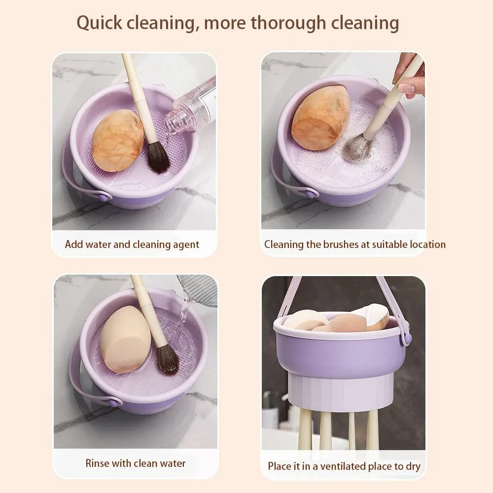 Nettoyant pour pinceaux de maquillage CALIYI 3 en 1 avec bol en silicone et liquide nettoyant 80 ml, support de rangement pour outils cosmétiques 3